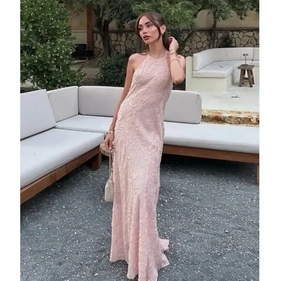 ZARA NEW WOMAN SS25 STRUCTURED MAXI HALTER DRESS BEIGE-PINK XS - Picture 2 of 11